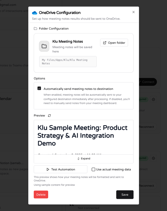 AI meeting notes from Klu saved in OneDrive folder.