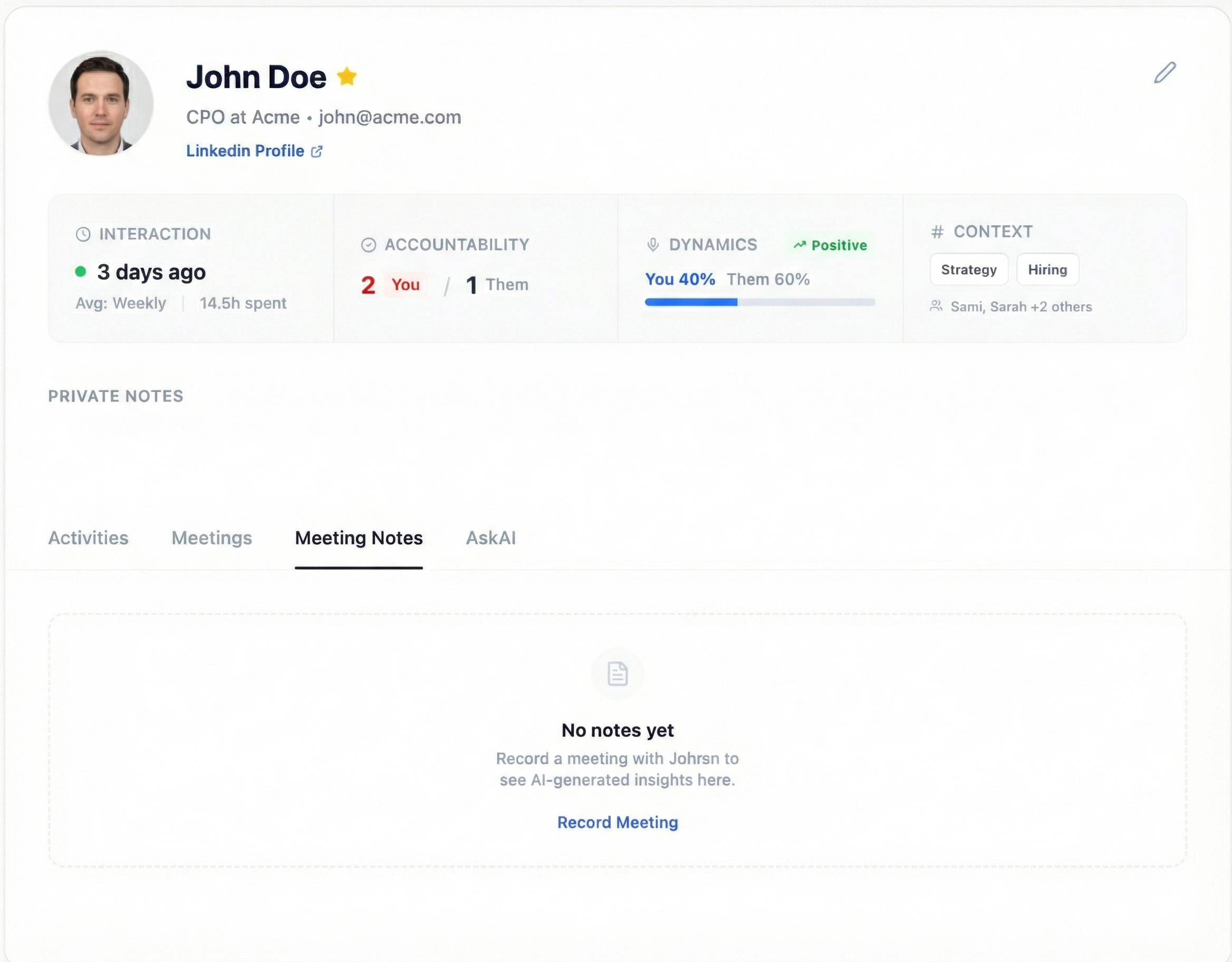 Relationship Intelligence dashboard summarizing sentiment and engagement.