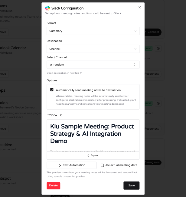 Klu posting meeting summary in Slack channel.