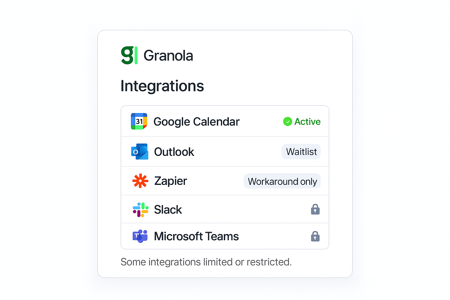 Granola link-sharing and calendar permissions settings view