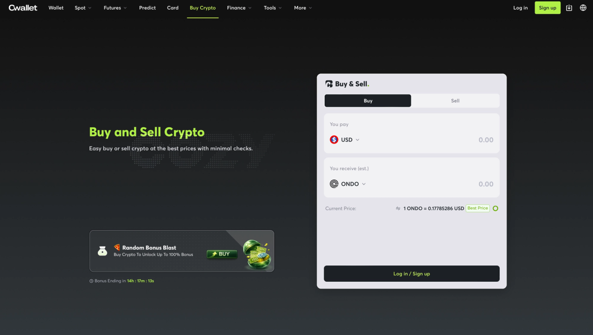 Screenshot of a cryptocurrency trading interface showing options to buy and sell crypto with inputs for USD and ONDO amounts, along with a bonus offer and timer.