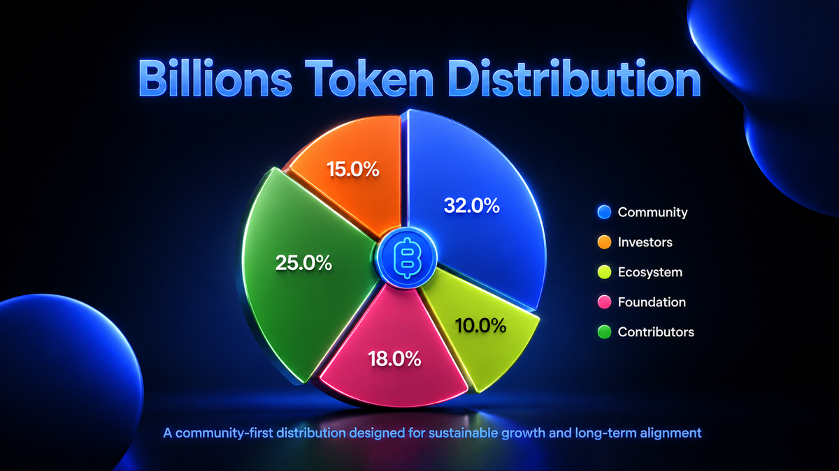 A pie chart illustrating the distribution percentages of a token distribution labeled 'Billions Token Distribution' with sections for Community (32.0%), Investors (25.0%), Ecosystem (18.0%), Foundation (15.0%), and Contributors (10.0%).