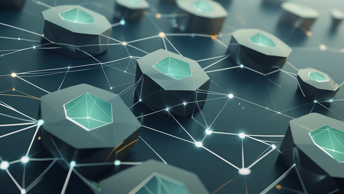 Abstract digital representation of a blockchain network with interconnected hexagonal shapes and glowing nodes.