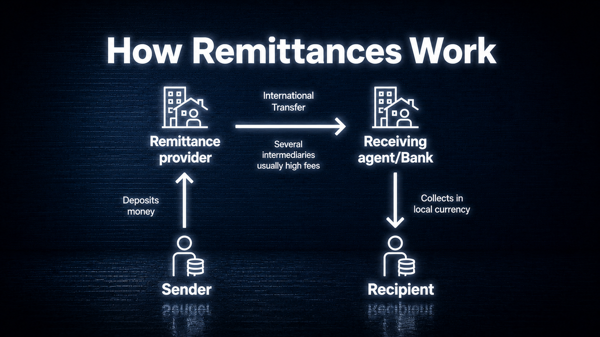 A diagram illustrating the process of remittances, showing the sender depositing money with a remittance provider, followed by an international transfer to a receiving agent or bank, where the recipient collects the funds in local currency.