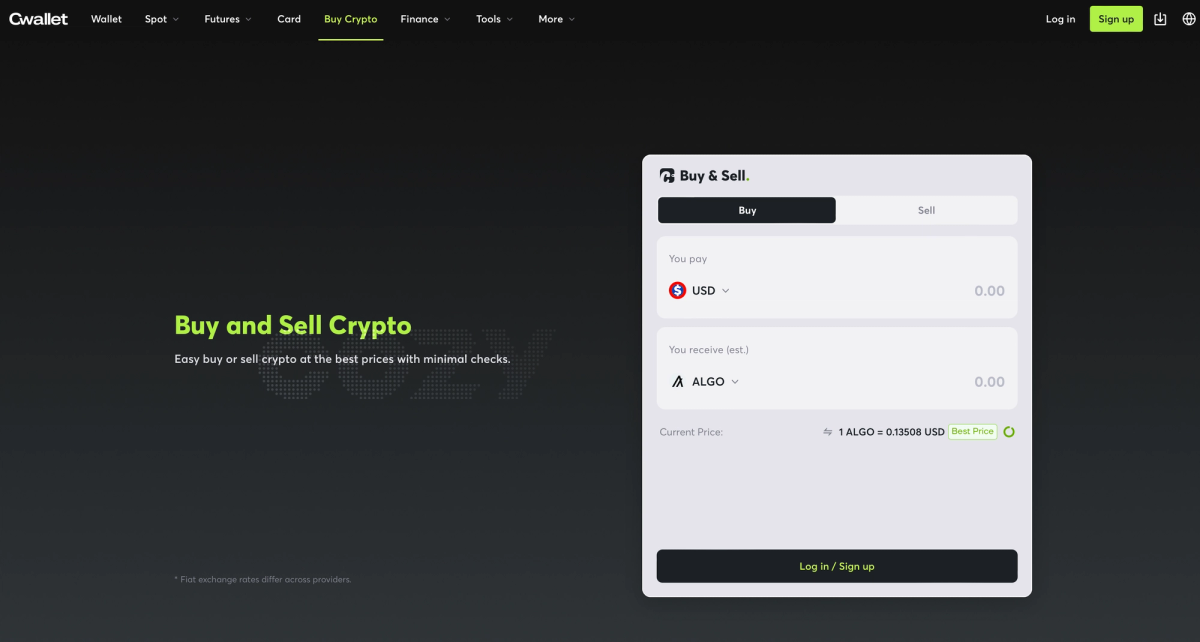 Screenshot of a cryptocurrency trading interface, featuring options to buy and sell crypto, with fields for payment and receipt amounts in USD and ALGO, and current price details.