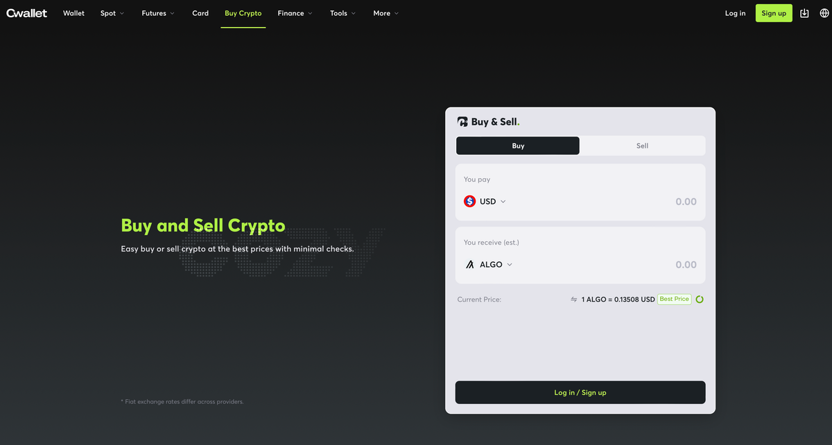 Screenshot of a cryptocurrency trading interface, featuring options to buy and sell crypto, with fields for payment and receipt amounts in USD and ALGO, and current price details.
