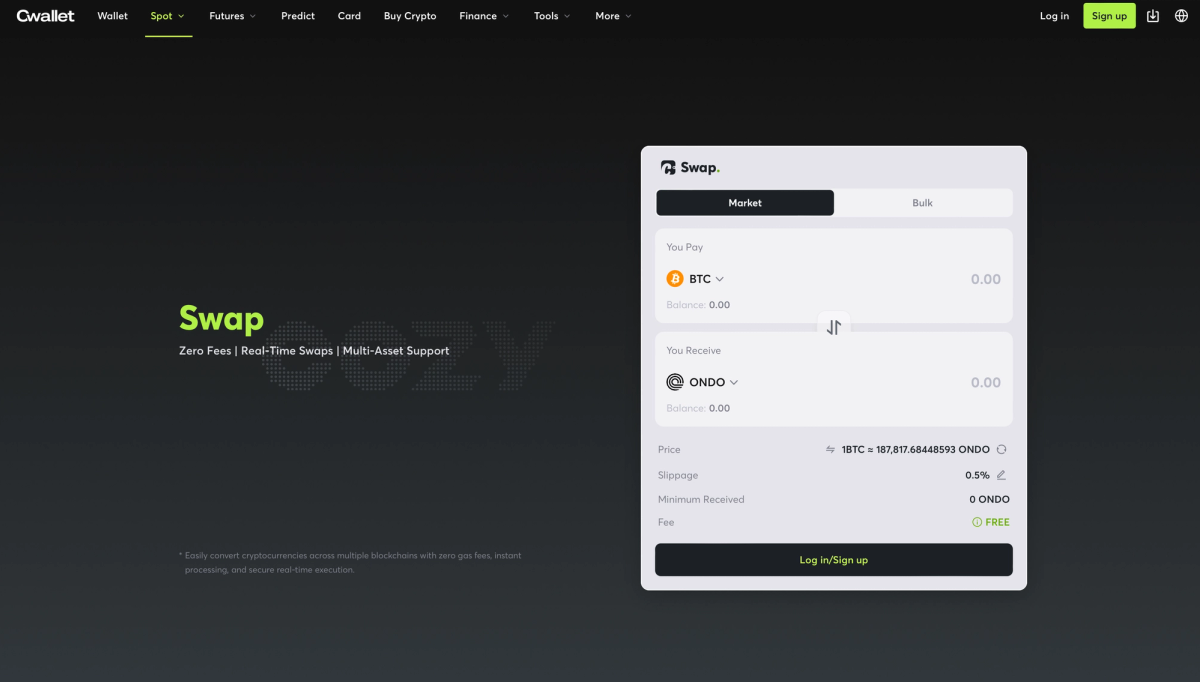 Cwallet interface showcasing the Swap feature for cryptocurrency transactions, displaying fields for 'You Pay' and 'You Receive' amounts, with zero balance values shown for both BTC and ONDO.
