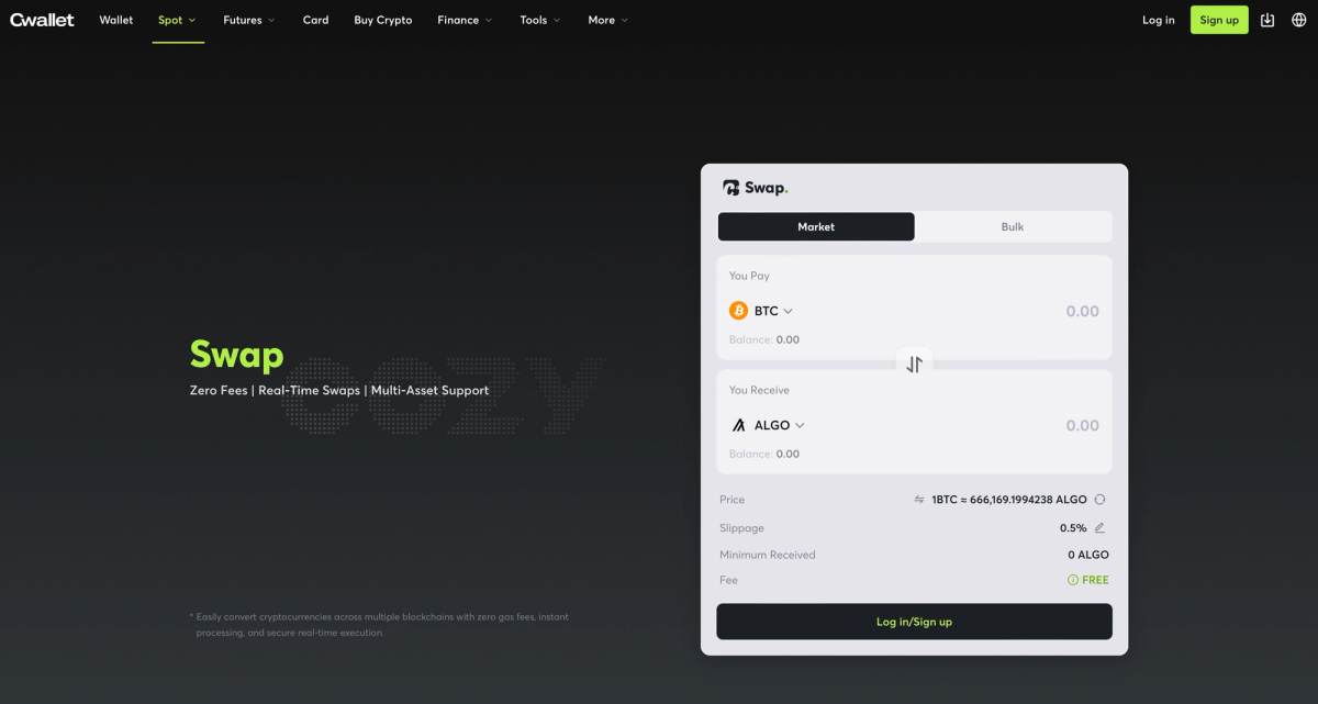 Screenshot of a cryptocurrency swap interface showcasing options for exchanging BTC to ALGO with zero fees and real-time processing features.