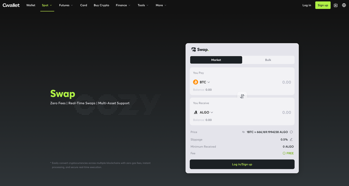 Screenshot of a cryptocurrency swap interface showcasing options for exchanging BTC to ALGO with zero fees and real-time processing features.