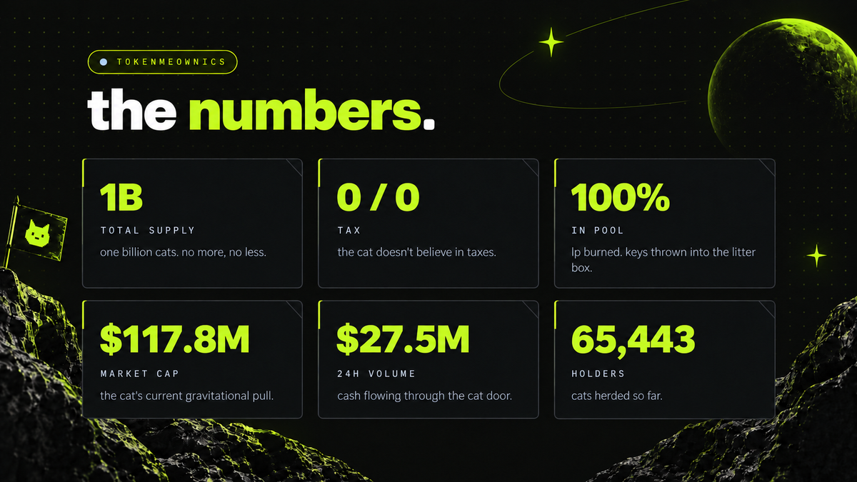 A graphic displaying tokenomics data, highlighting key figures such as total supply of 1 billion tokens, a market cap of $117.8 million, a 24-hour volume of $27.5 million, zero taxes, and a total of 65,443 holders.