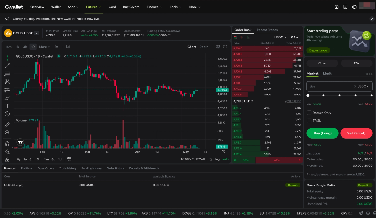 Screenshot of a cryptocurrency trading interface showing the trading pair GOLD-USDC, with price chart and order book details. The interface includes balance information, recent trades, and options to buy or sell.