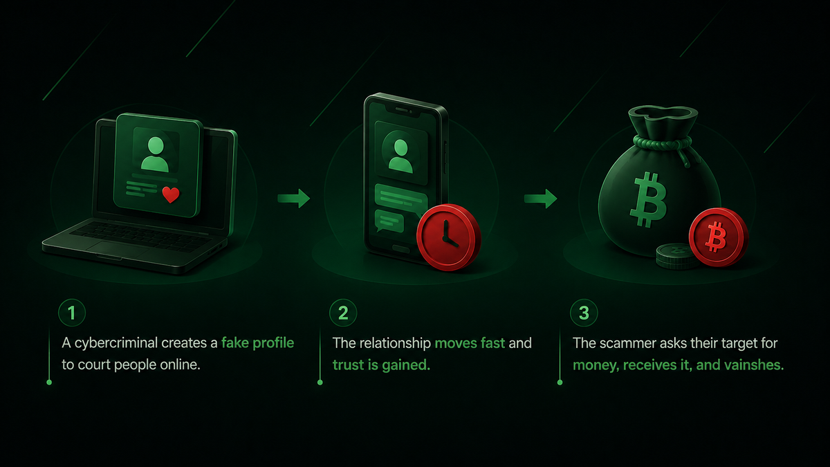 Infographic illustrating a cybercrime process: 1. A cybercriminal creates a fake profile online. 2. The relationship grows quickly, building trust. 3. The scammer requests money, receives it, and disappears.