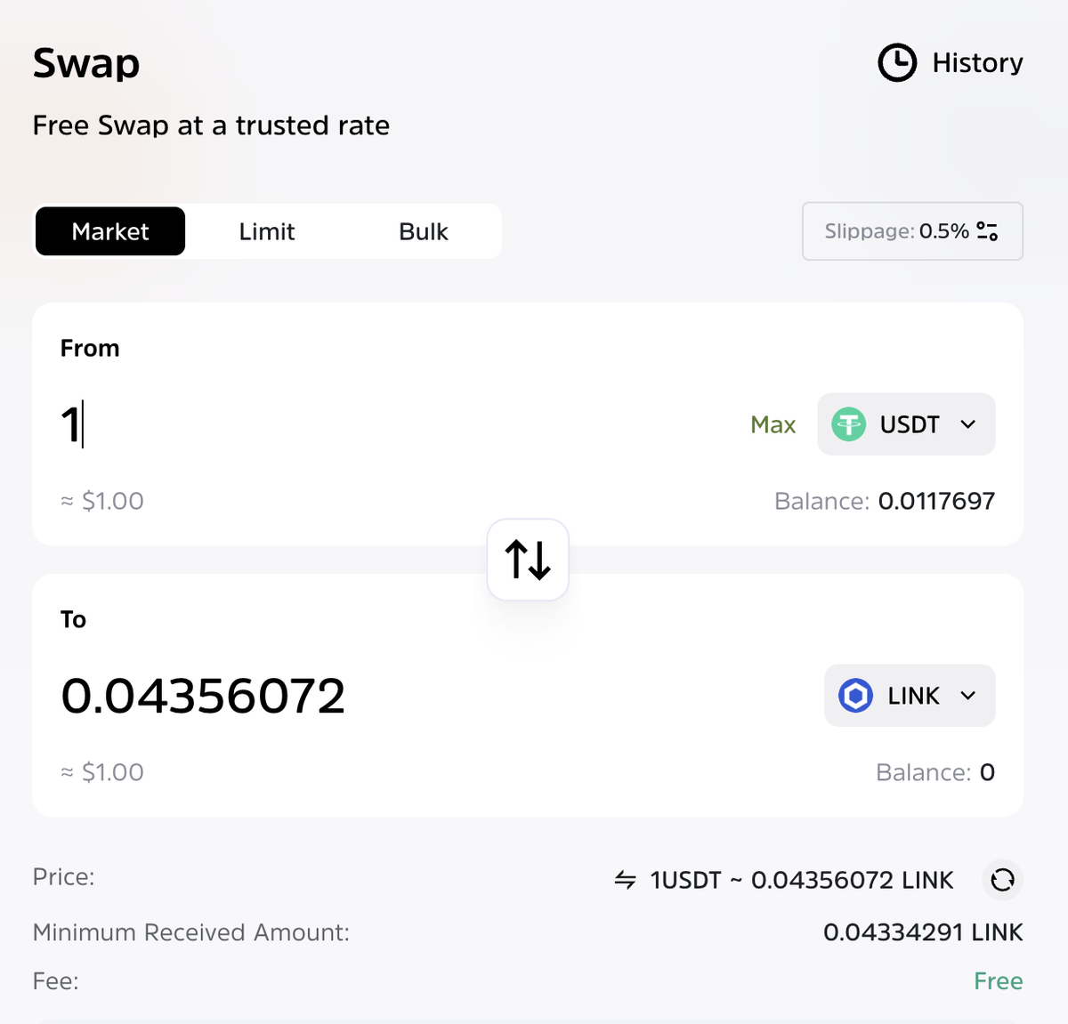 Swap crypto $LINK on Cwallet