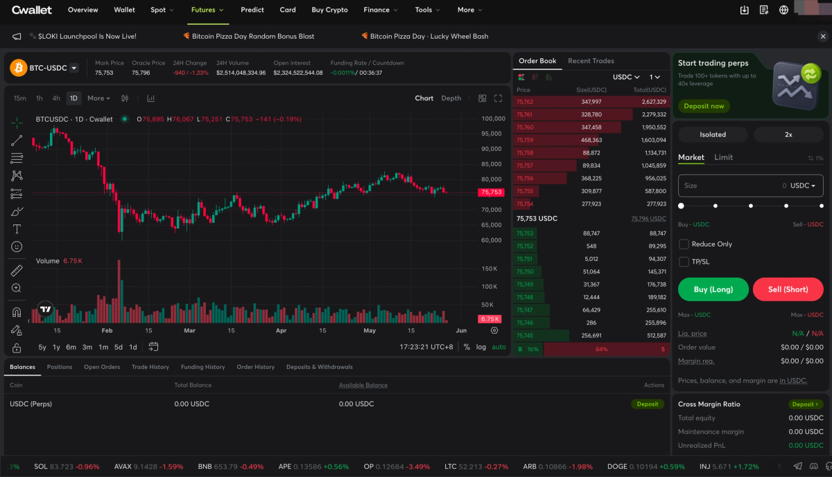 Screenshot of a cryptocurrency trading platform showing the BTC-USDC trading chart, order book, and recent trades. The chart displays price fluctuations over time with green and red candlesticks. The interface includes market options, balance details, and trading functionalities.