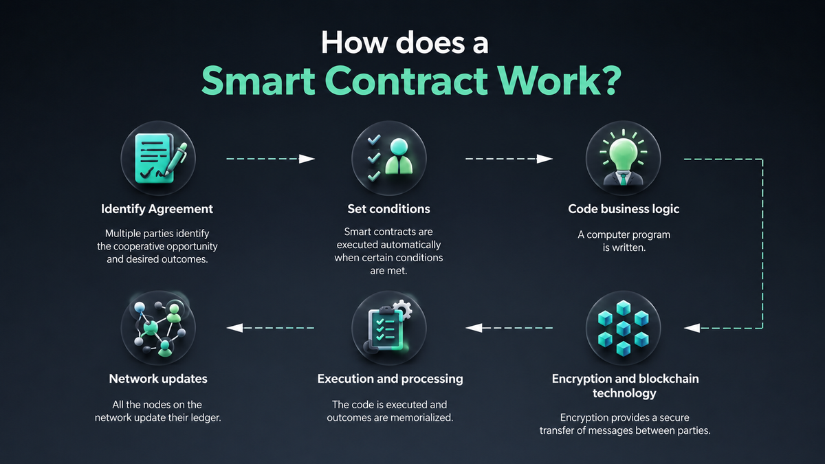Infographic explaining how smart contracts work, including steps: Identify Agreement, Set Conditions, Code Business Logic, Network Updates, Execution and Processing, and Encryption and Blockchain Technology.