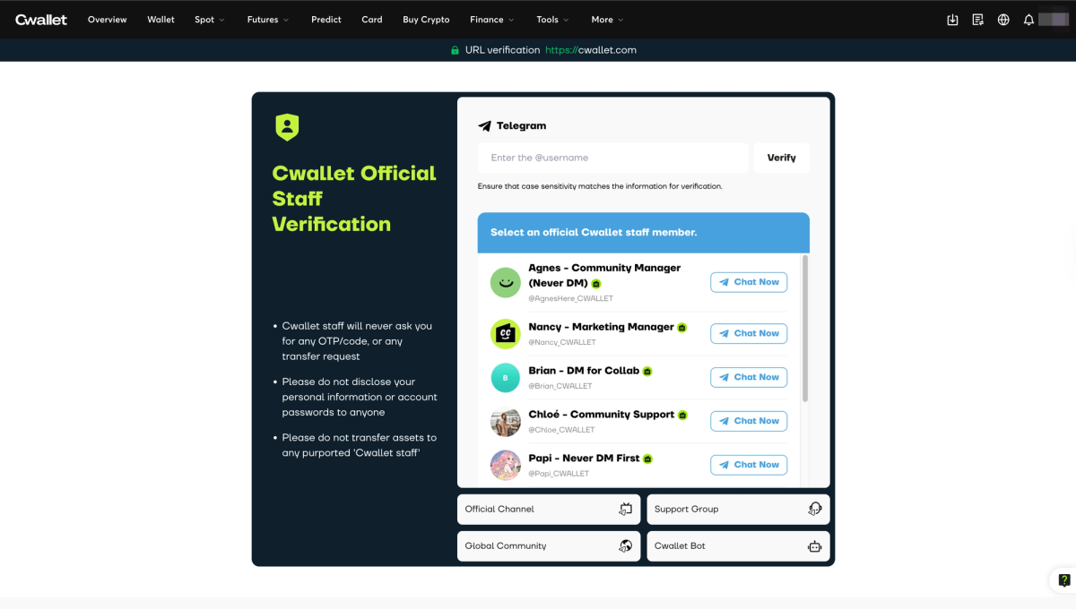 Cwallet official staff verification interface, featuring a username input field and a list of verified staff members with 'Chat Now' options.