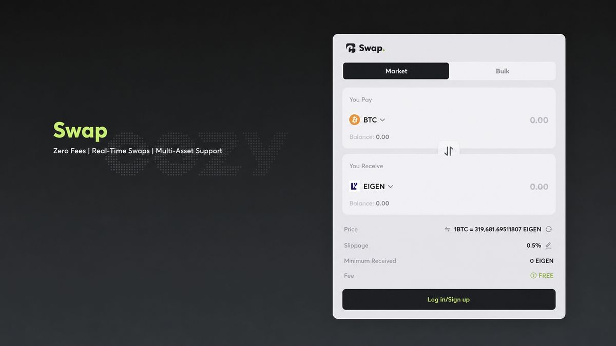 A user interface for a cryptocurrency swap platform displaying swap options between BTC and EIGEN, featuring zero fees, real-time swaps, and multi-asset support.