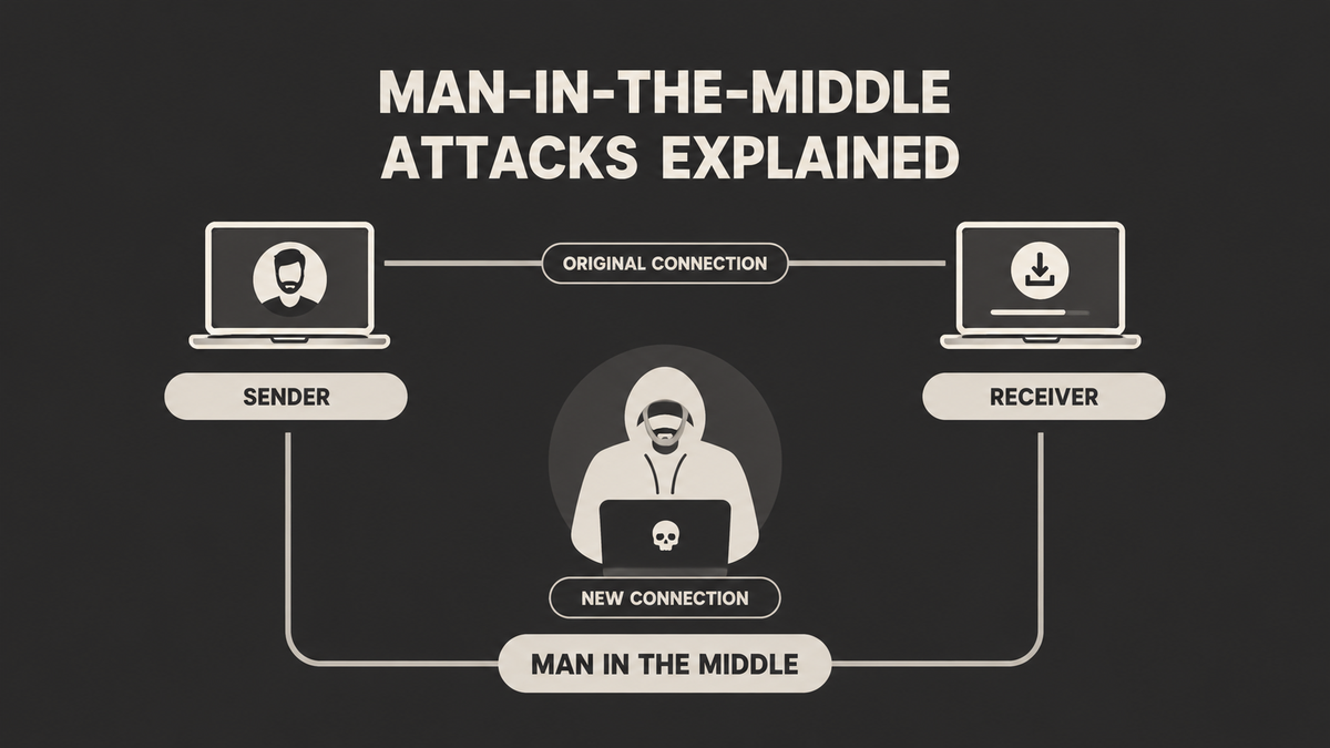 Diagram explaining man-in-the-middle attacks, showing connections between sender, man in the middle, and receiver with a focus on the disruption of the original connection.