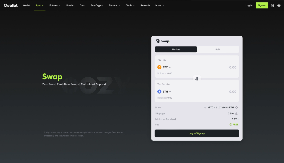 User interface for a cryptocurrency swap feature displaying options to exchange Bitcoin (BTC) for Ethereum (ETH) with details on balances, price, and fees.