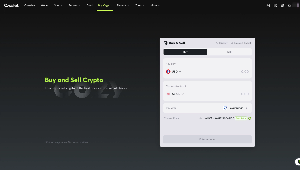 Screenshot of the Cwallet interface for buying and selling cryptocurrency, featuring options to select payment currency (USD) and receive currency (ALICE), along with a price display and input field for amount.