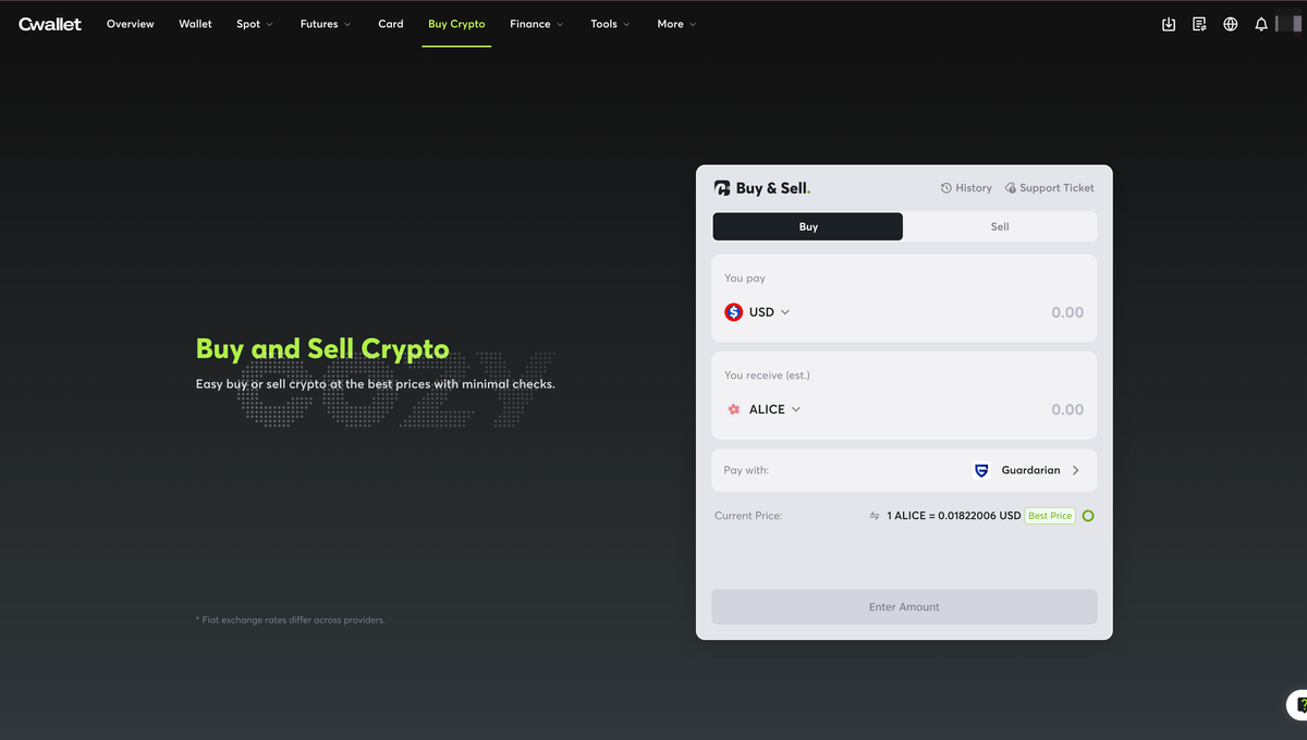 Screenshot of the Cwallet interface for buying and selling cryptocurrency, featuring options to select payment currency (USD) and receive currency (ALICE), along with a price display and input field for amount.