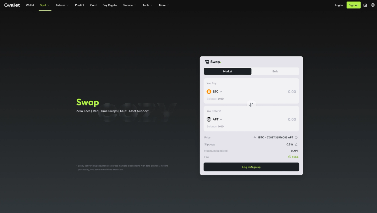 Interface for cryptocurrency swapping on Gwallet, showing options for BTC and APT with balance and fee details, set against a dark background.
