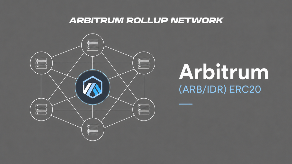Diagram illustrating the Arbitrum Rollup Network with nodes connected by lines, featuring the Arbitrum logo and indicating the ERC20 token (ARB/IDR).
