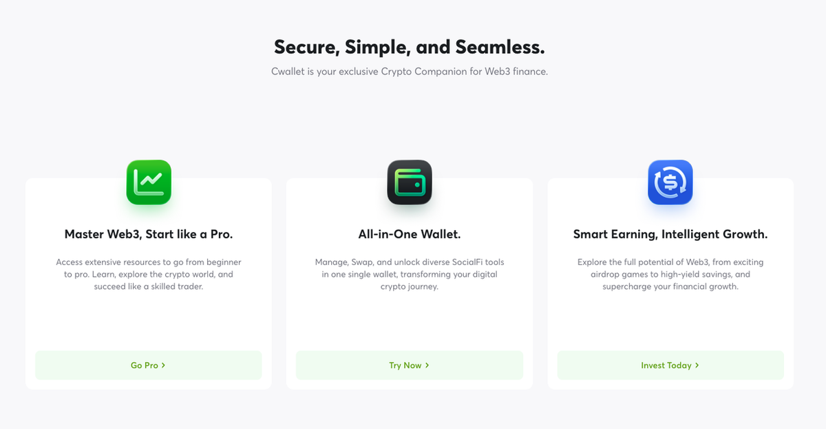 Overview of Cwallet features for Web3 finance, highlighting three main sections: 'Master Web3, Start like a Pro', 'All-in-One Wallet', and 'Smart Earning, Intelligent Growth'. Each section includes a brief description and a call-to-action button.