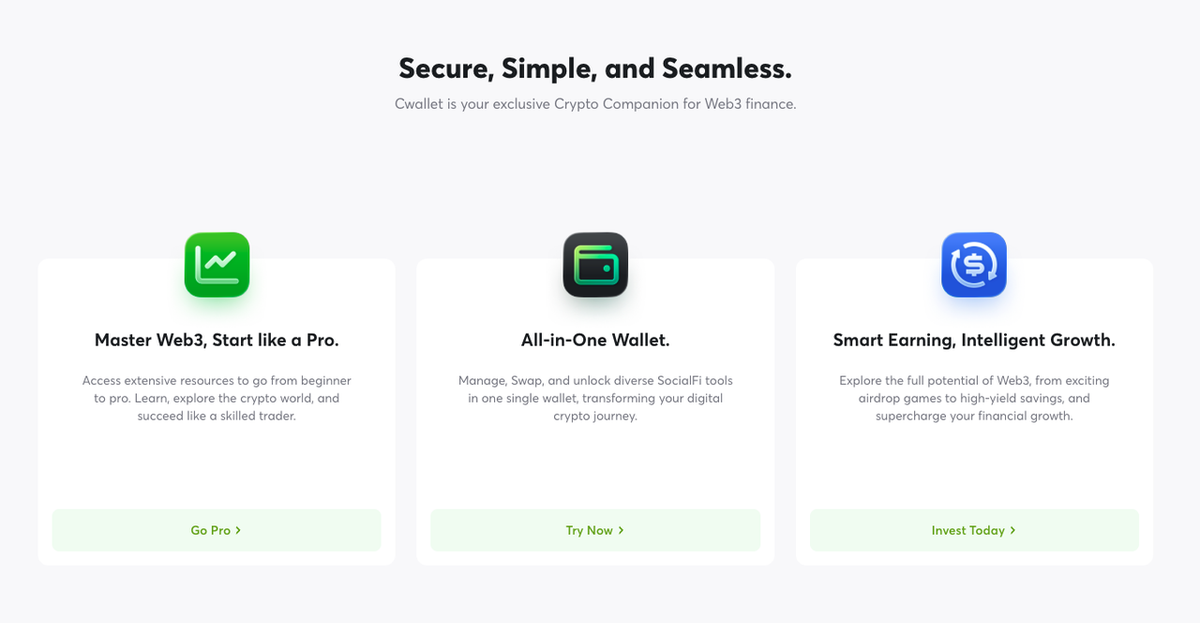 Overview of Cwallet features for Web3 finance, highlighting three main sections: 'Master Web3, Start like a Pro', 'All-in-One Wallet', and 'Smart Earning, Intelligent Growth'. Each section includes a brief description and a call-to-action button.