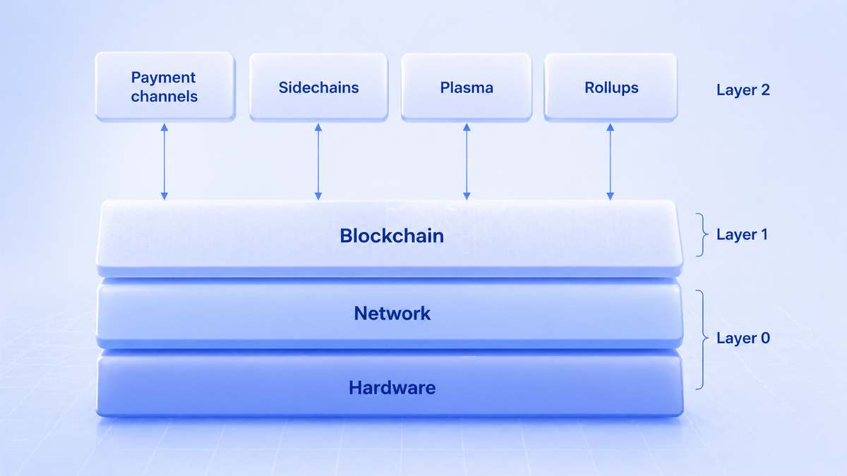 Diagram illustrating a multi-layer blockchain architecture with layers labeled as Hardware, Network, and Blockchain, along with Layer 2 solutions including Payment channels, Sidechains, Plasma, and Rollups.