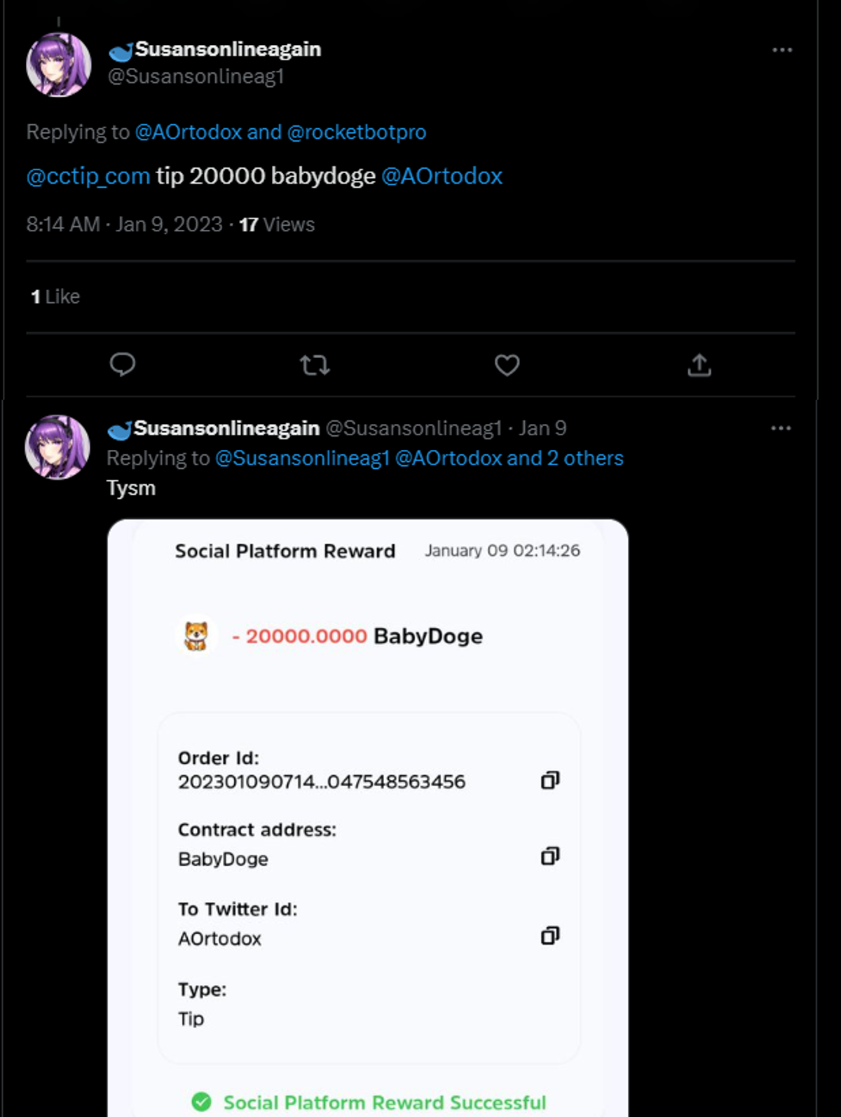 Sample use of the Cwallet bot on Twitter