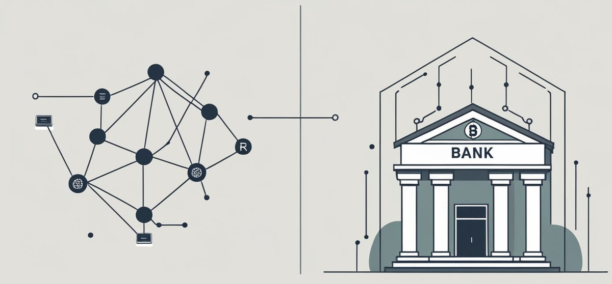 An illustration comparing blockchain technology, depicted as a network of connected nodes, to a traditional bank building.