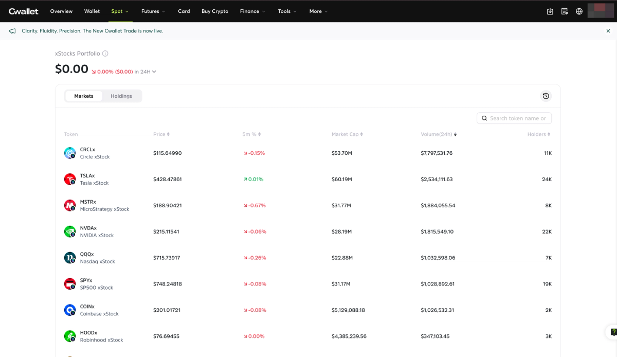 Screenshot of an xStocks portfolio dashboard displaying various stocks, their prices, market cap, and trading volume information.