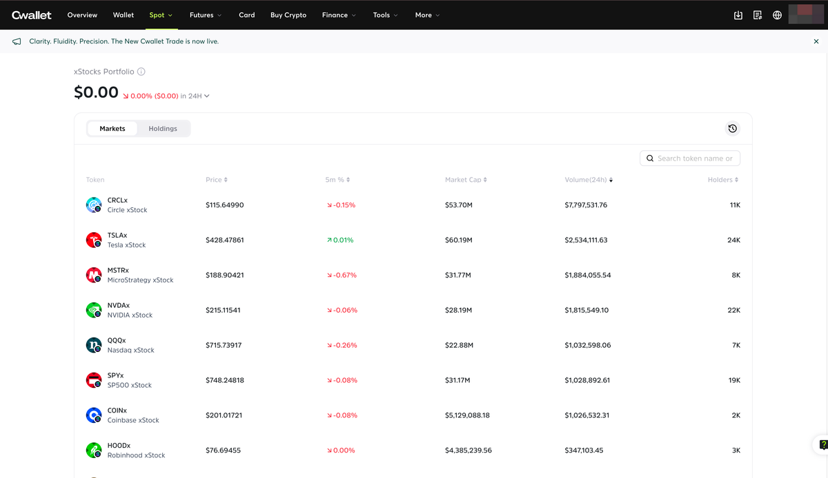 Screenshot of an xStocks portfolio dashboard displaying various stocks, their prices, market cap, and trading volume information.