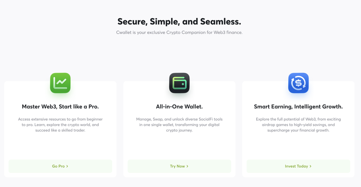 Promotional graphic for Cwallet featuring the tagline 'Secure, Simple, and Seamless.' with sections on mastering Web3, an all-in-one wallet, and smart earning opportunities.