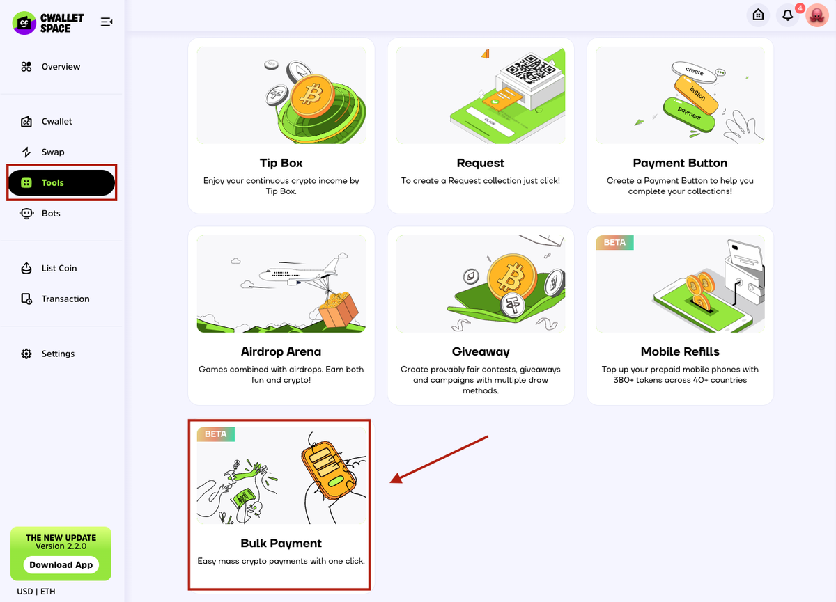 Send Crypto to Multiple Addresses in One Transaction with Cwallet Bulk Payment Tool