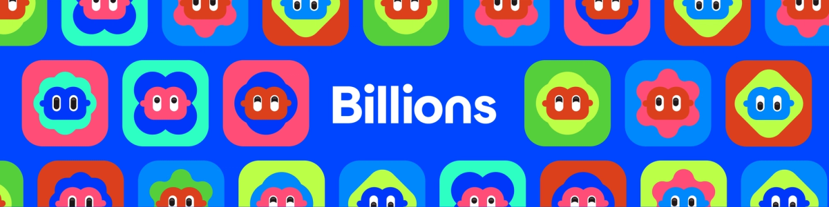 Colorful background with repeated playful character icons, featuring the word 'Billions' prominently in the center.
