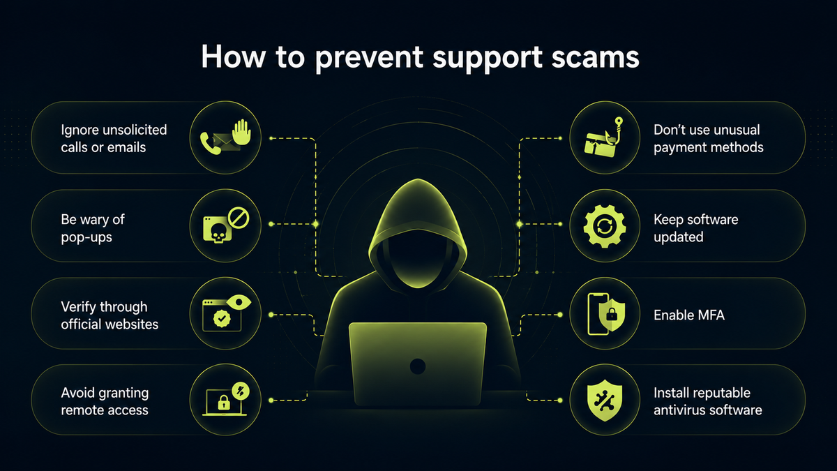 Infographic on preventing support scams, featuring a hooded figure at a computer with tips including ignoring unsolicited calls, being wary of pop-ups, and enabling multi-factor authentication.