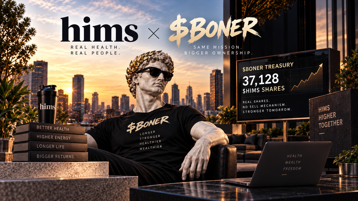 A creative advertising image featuring a muscular statue wearing sunglasses and a shirt with the logo '$BONER' alongside the brand 'hims'. The background showcases a city skyline, and there are promotional elements like a laptop and stacks of boxes emphasizing themes of health, ownership, and financial growth.