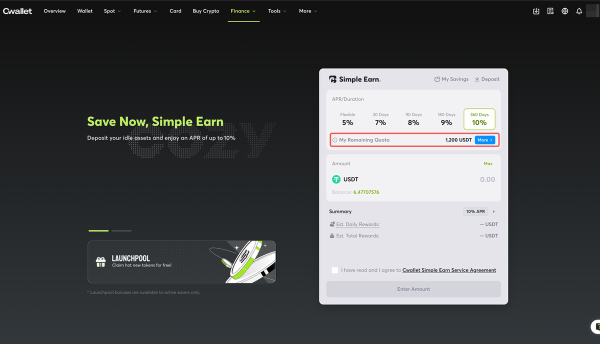 Find the Task Wall Entry on the Cwallet Simple Earn Page