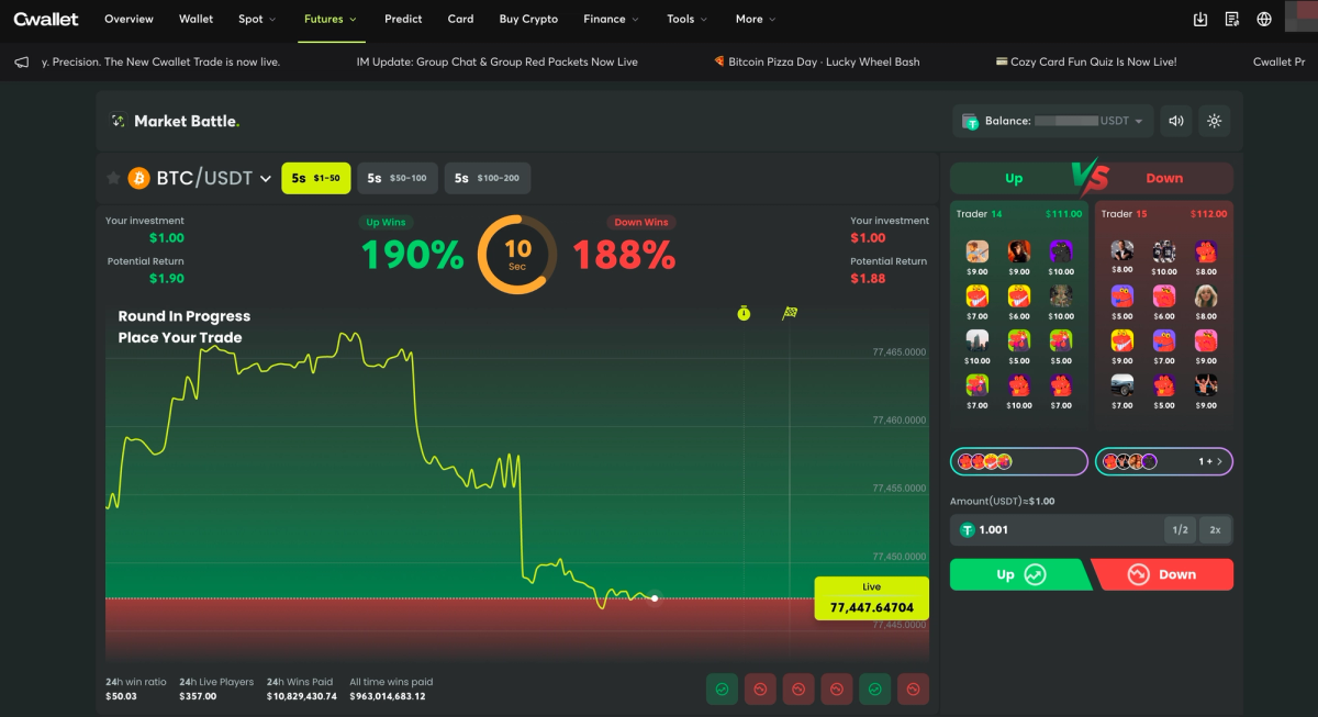 A trading interface showing a market battle for BTC/USDT with real-time investment data, including a chart displaying price changes, potential returns, and options to place trades.