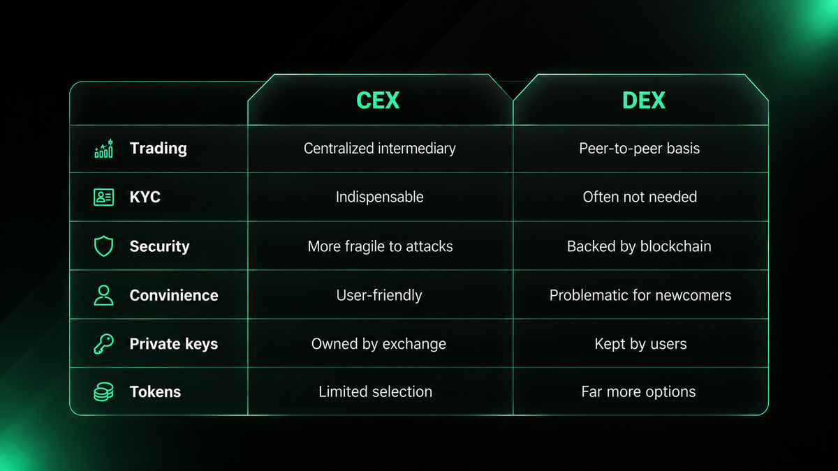 Comparison table of Centralized Exchanges (CEX) and Decentralized Exchanges (DEX) outlining their features, including trading methods, KYC requirements, security, convenience, private key management, and token availability.