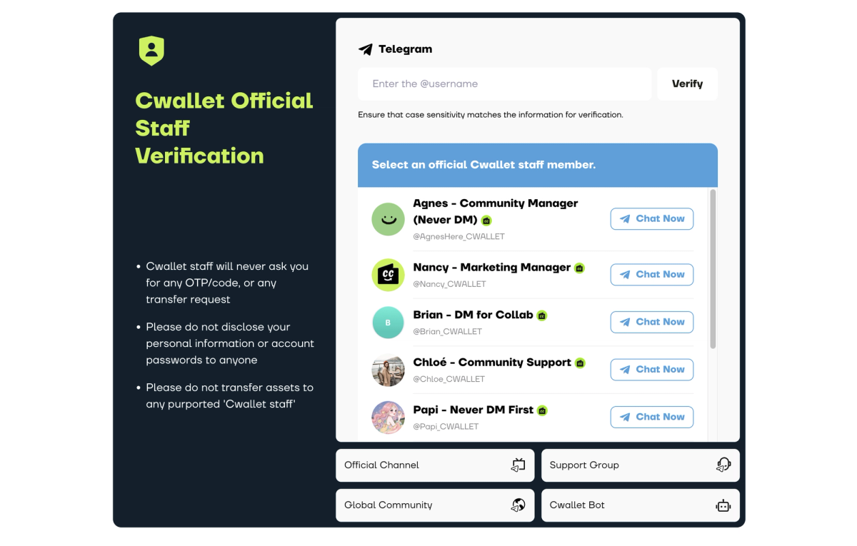 Cwallet official staff verification instructions and guidelines displayed on a Telegram interface, emphasizing the importance of verifying staff and not sharing personal information.