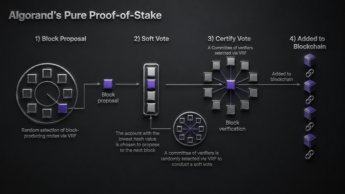 Diagram illustrating Algorand's Pure Proof-of-Stake process, featuring steps like Block Proposal, Soft Vote, Certify Vote, and Addition to Blockchain, with graphical representations of nodes and voting mechanisms.