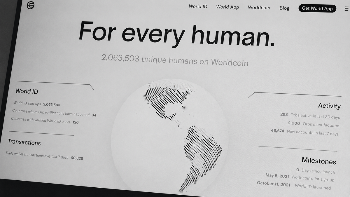 Screenshot of a webpage displaying statistics for Worldcoin, including World ID sign-ups, number of countries with Orb verifications, daily wallet transactions, and activity details.