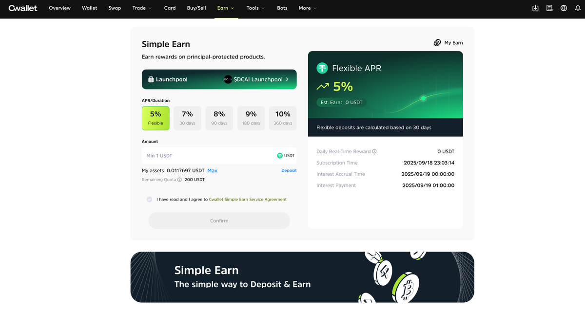 Simple Earn Page of Cwallet