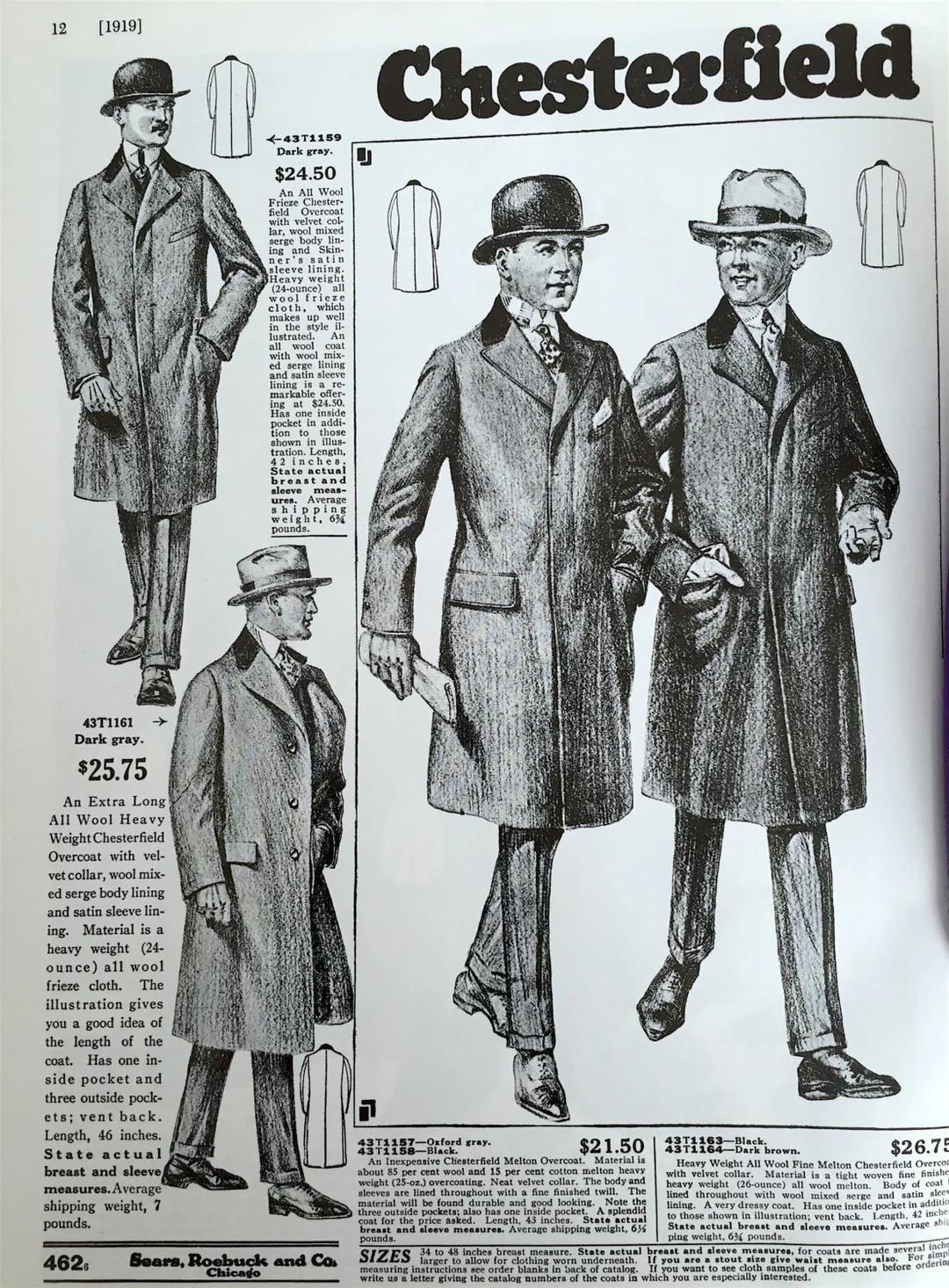A 1919 catalog page featuring three men dressed in various styles of Chesterfield overcoats, with descriptive text and prices.