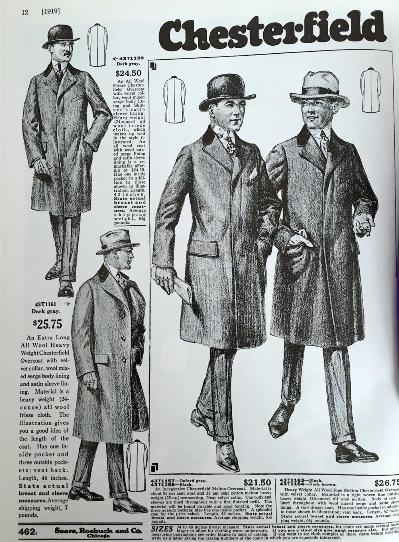 A 1919 catalog page featuring three men dressed in various styles of Chesterfield overcoats, with descriptive text and prices.