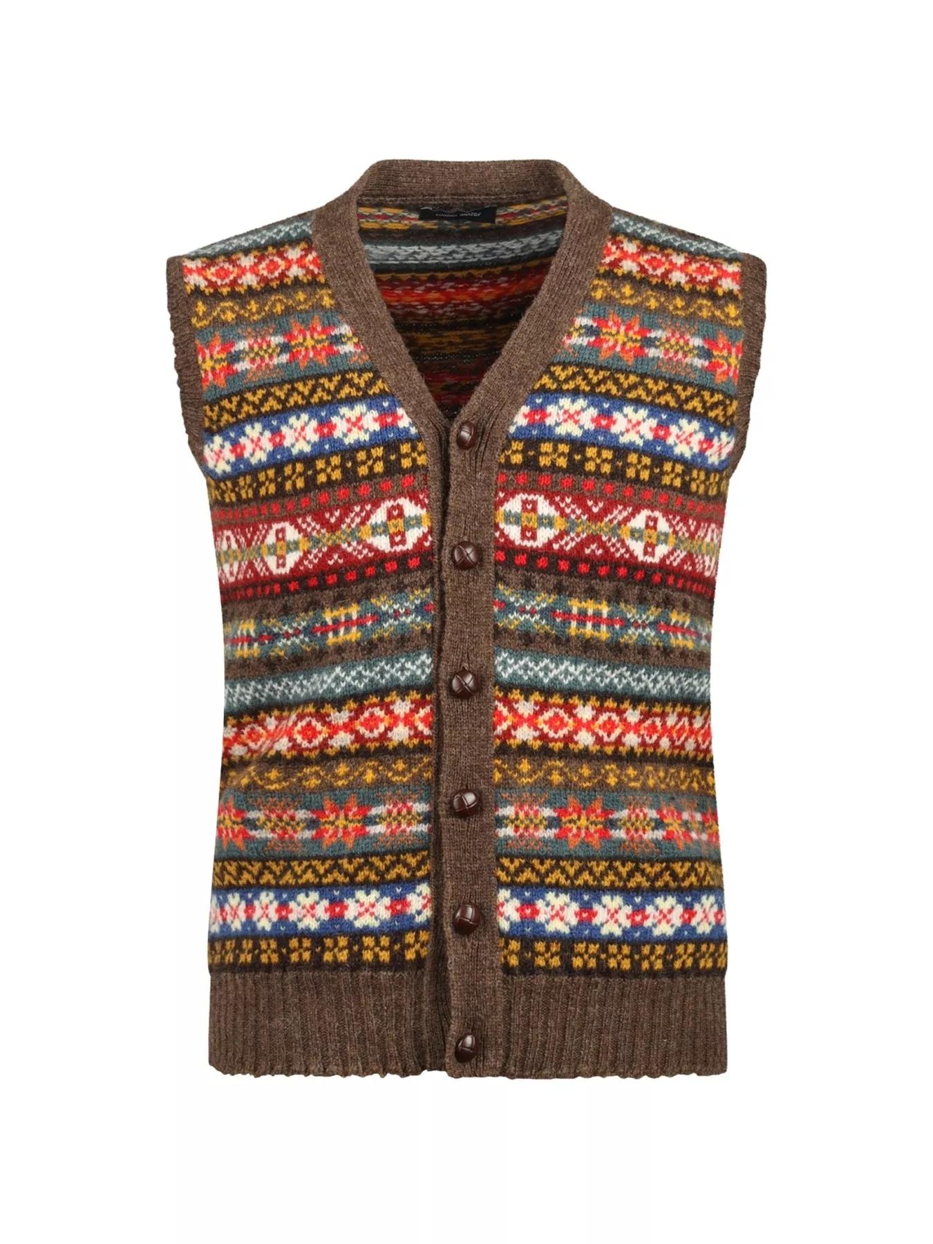 Colorful Fair Isle patterned button-up sweater vest with brown trim.