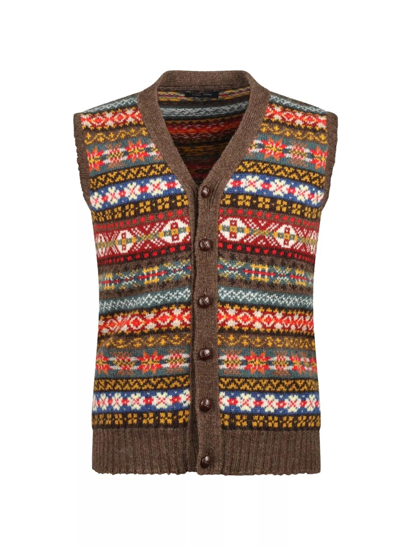 Colorful Fair Isle patterned button-up sweater vest with brown trim.